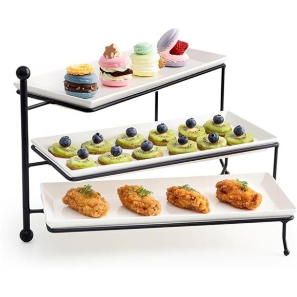 3Tiered Serving Stand,Foldable Rectangular Food DisplayStand with WhitePorcelain - Picture 7 of 7
